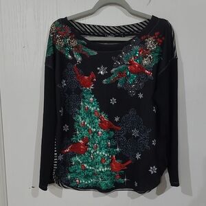 Onque Casual Womens Black Sequined Christmas Winter Cardinal  L/S Tee Size Large